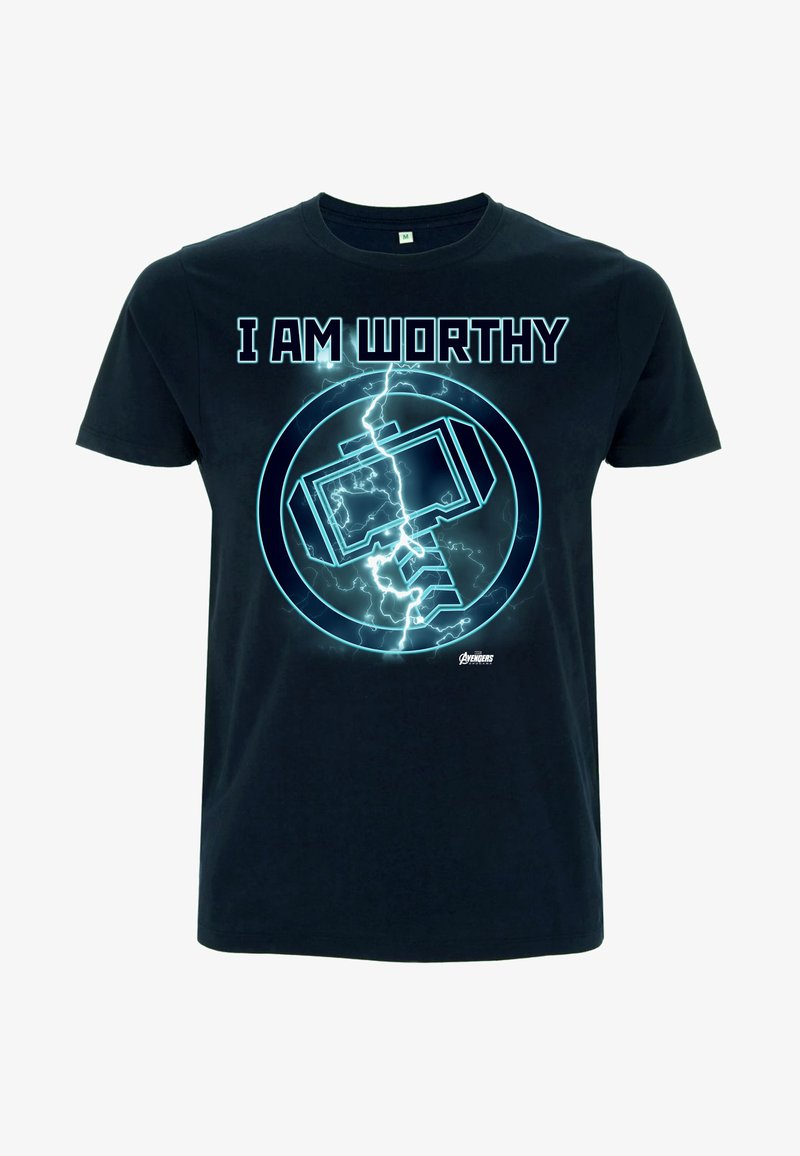 Czarna bawełniana koszulka z napisem "JESTEM WART" w pogrubionej białej czcionce, z niebieską grafiką przedstawiającą młot i błyskawicę.