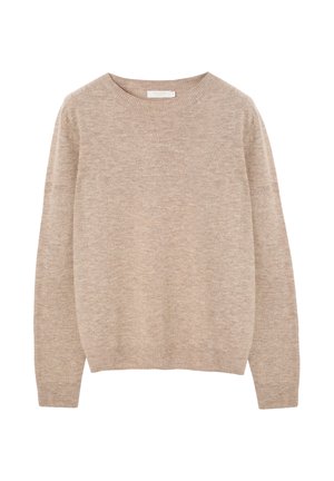 Pull en tricot beige avec un col rond, des manches longues, des poignets et un ourlet côtelés. Texture douce et silhouette décontractée.