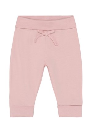 Roze katoenen joggingbroek met een rekbare tailleband, trekkoord en omgeslagen enkels, met een gladde textuur en eenvoudig ontwerp.