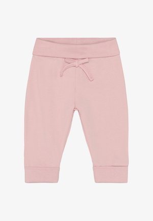 Roze katoenen joggingbroek met een rekbare tailleband, trekkoord en omgeslagen enkels, met een gladde textuur en eenvoudig ontwerp.