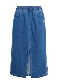 Denim skjørt med blå vask, elastisk midje, sidelommer og et frontspalte. Har et lite hvitt logoaccent på venstre side.