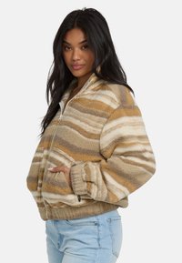Giacca in pile con chiusura a mezza zip; presenta righe beige e marroni, tasche laterali e una vestibilità comoda. Materiale morbido e testurizzato.