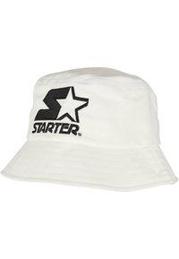 White bucket hat made of cotton featuring a black embroidered logo with a star and the word "STARTER." Soft texture with wide brim.