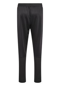 Schwarze Sportleggings mit taillierter Passform, elastischem Bund und strukturiertem Stoff. Mit Teilakzenten nahe dem unteren Bein.