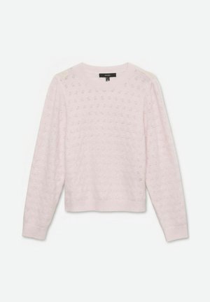 Pull en tricot rose clair à manches longues avec un petit motif ajouré, poignets et ourlet côtelés, encolure ronde, étiquette de taille visible à l'intérieur du col.