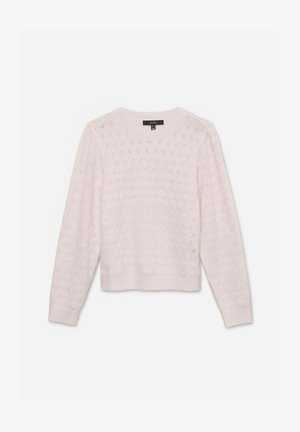 Pull en tricot rose clair à manches longues avec un petit motif ajouré, poignets et ourlet côtelés, encolure ronde, étiquette de taille visible à l'intérieur du col.