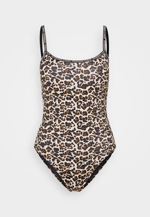 Leopard print one-piece swimsuit, made of smooth fabric, features thin straps and a logo band along the neckline. Black accents at the bottom.