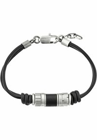 Pulsera de cuero negro con un acento metálico plateado, sección central texturizada y cierre ajustable con detalle de cadena.