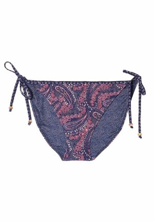 Damentanga mit seitlichen Bändern, mit floralem und Paisley-Muster in Lila-, Pink- und Blautönen.