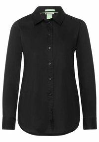 Maglietta nera a maniche lunghe con colletto, chiusura a bottoni completa, orlo arrotondato e texture del tessuto liscia. Adatta per un abbigliamento casual o formale.