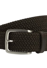 Cinturón elástico trenzado en marrón oscuro con una hebilla rectangular de metal plateado y acento de cuero. Presenta un patrón entrelazado para mayor flexibilidad.