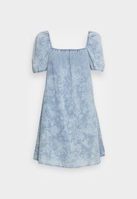 Vestido de denim azul claro com mangas bufantes, decote quadrado, padrão floral e saia rodada. Apresenta punhos e costuras elastificados.