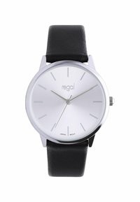 Silbernes Metall-Zifferblatt mit Stundenmarkierungen, weißem Text "regal" und schwarzem, strukturiertem Lederarmband. Verfügt über ein poliertes silbernes Gehäuse.