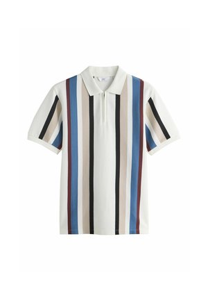 Short-sleeve white polo shirt with vertical stripes in blue, beige, black, and maroon, featuring a collar and front zipper.
