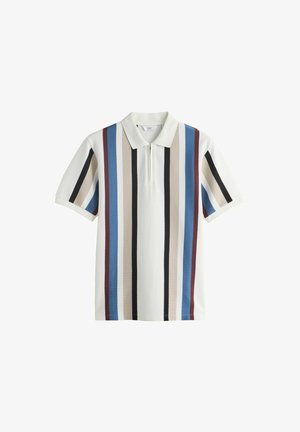 Short-sleeve white polo shirt with vertical stripes in blue, beige, black, and maroon, featuring a collar and front zipper.