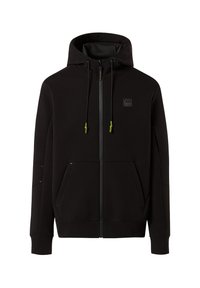 Felpa nera con zip e cappuccio, realizzata in un tessuto morbido. Presenta tirazip verdi a contrasto, due tasche frontali e dettagli cuciti.