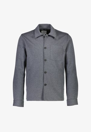 Grau gefärbte Jacke mit Knopfverschluss aus glattem Stoff. Verfügbar mit einem Kragen, vier Knöpfen und einer Brusttasche. Die Ärmel haben ein gefaltetes Design.