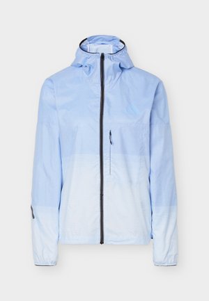 Light blue zip-up hooded jacket with long sleeves, one vertical chest pocket, and elastic cuffs, shown on plain background.