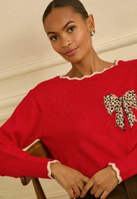 Roter gestrickter Pullover mit einem gewellten Halsausschnitt, Leo-Print-Schleifendetail und kontrastierendem weißen Schmitt an den Ärmeln. Glatte Textur.