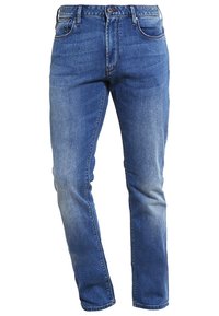 Jean trousers in medium blue denim, featuring a straight fit, classic five-pocket design, and light fading on the thighs.
