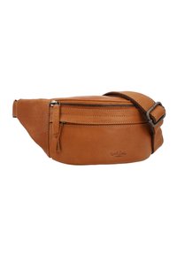 Borsa in vita in pelle tan con tasca frontale con zip e tracolla regolabile, con logo "Gusti Leder Studio" impresso.