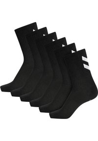 Zwarte katoenen sokken met ribbelstructuur, voorzien van versterkte hielen en neus. Kenmerkt zich door drie witte diagonale strepen op elke sok. Set van zes.