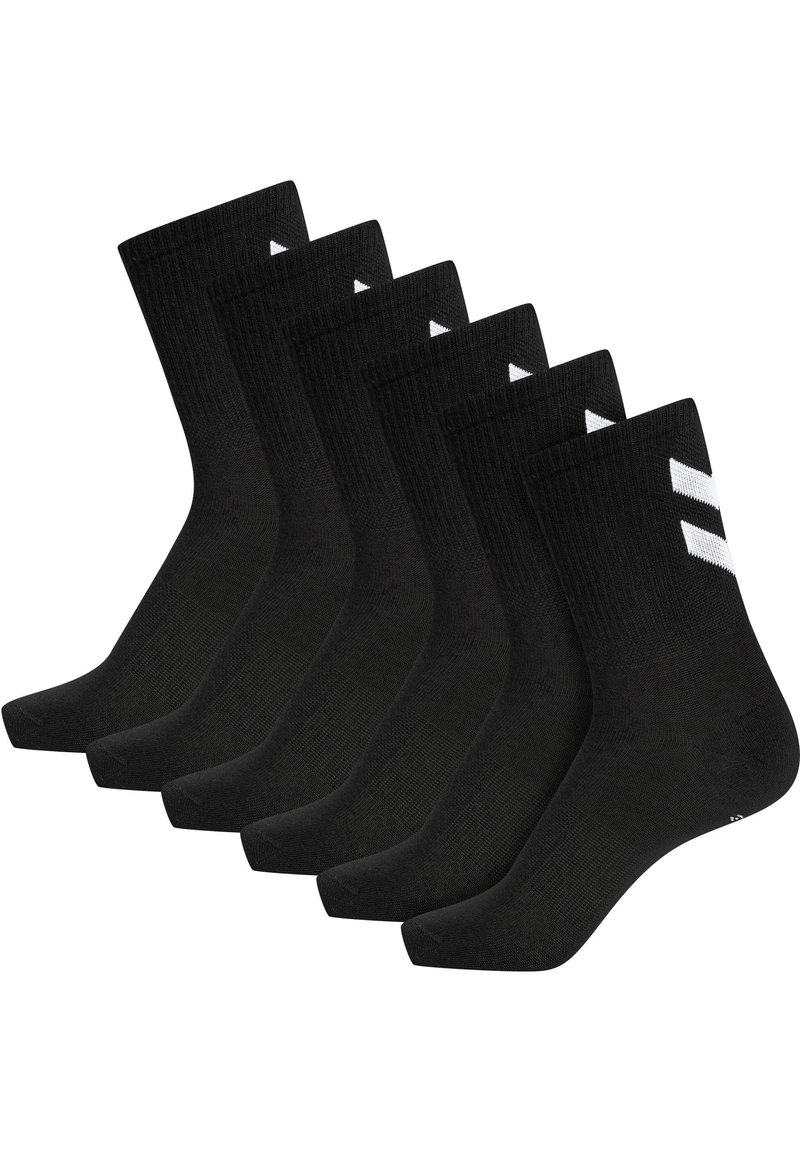 Zwarte katoenen sokken met ribbelstructuur, voorzien van versterkte hielen en neus. Kenmerkt zich door drie witte diagonale strepen op elke sok. Set van zes.