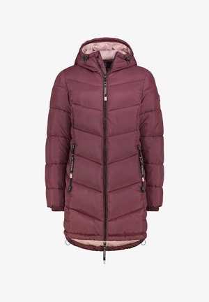 Burgundy padded jacket with a hood, featuring a front zipper, angled quilted design, two side pockets, and elasticized cuffs.