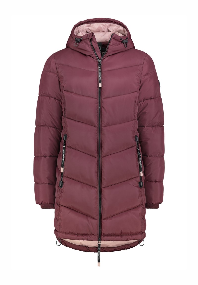 Burgunderfarbene gepolsterte Jacke mit Kapuze, ausgestattet mit einem Reißverschluss vorne, schrägem Steppmuster, zwei Seitentaschen und elastischen Bündchen.