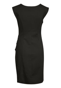 Svart figurnära klänning med korta ärmar, designad med mjukt tyg, sömlig rygg och rundade sömmar för en kroppsnära silhuett.
