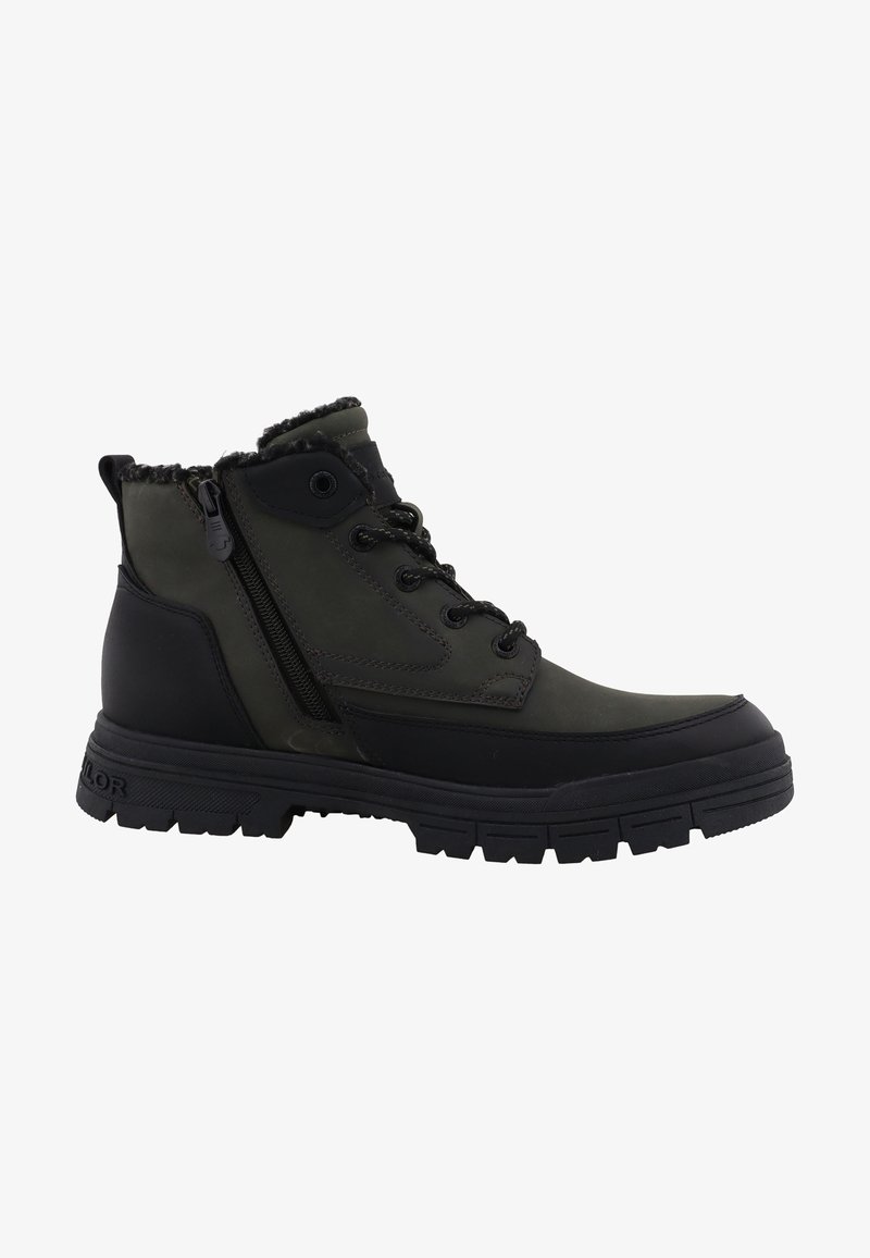 Botte d’hiver noire et vert foncé à lacets, avec fermeture éclair latérale, doublure en fourrure et semelle robuste pour une utilisation extérieure.