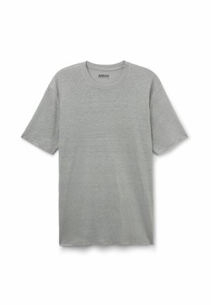 Maglietta grigia a maniche corte con scollo rotondo e vestibilità casual, stesa su uno sfondo bianco.