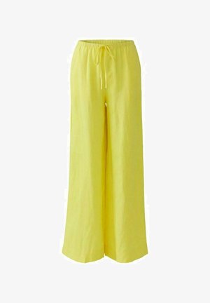 Wide-leg yellow pants with elastic waistband and drawstring closure, made from lightweight fabric.