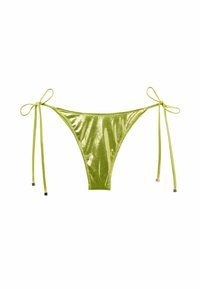 Zielony metaliczny dół bikini z wiązaniami po bokach. Posiada błyszczącą, gładką fakturę oraz minimalny krój.