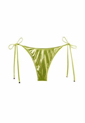 Green metallic bikini bottom with tie side closures. Features shiny, smooth texture and minimal coverage shape.