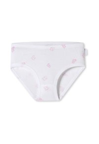 Weiße Baumwollunterwäsche mit einem pinken Bärenmuster und kleinen blauen Punkten. Ausgestattet mit einem weichen Bund und elastischen Beinöffnungen.