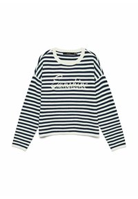 Pull à manches longues rayé horizontalement bleu marine et blanc avec "Embrasse" écrit en cursive sur le devant et un col rond.