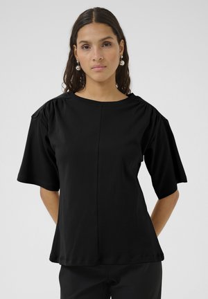 Black t-shirt made of jersey fabric, featuring short sleeves with gathered detail and a relaxed fit, and a round neckline.