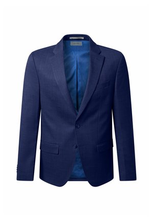 Dunkelblauer maßgeschneiderter Herrenblazer mit Kerbkragen, zwei vorderen Knöpfen, Pattentaschen und glattem blauem Innenfutter.