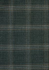 Tessuto a quadri verde scuro caratterizzato da un motivo a griglia con linee bianche e arancioni. La texture è tessuta, con una leggera lucentezza.