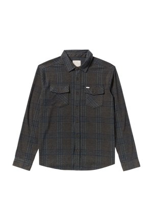 Camicia in flanella a quadri grigio scuro con maniche lunghe, due tasche sul petto e bottoni marroni. Presenta un motivo a quadri blu e un colletto classico.