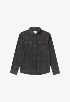 Chemise en flanelle à carreaux gris foncé avec manches longues, deux poches poitrine et boutons marron. Présente un motif à carreaux bleu et un col classique.