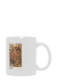Tazza in ceramica bianca con una stampa artistica colorata e dettagliata di tigri e figure su un lato, con una superficie liscia e un manico rotondo.