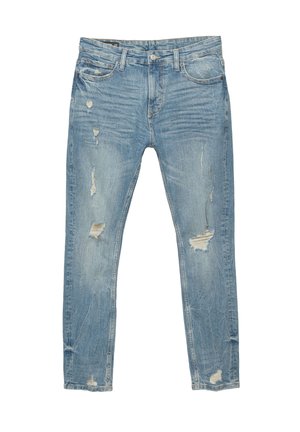 Lichtblauwe slim-fit jeans met beschadigde patches en franjes op de voorkant van de bovenbenen en knieën, met vijf zakken en knopen sluiting.