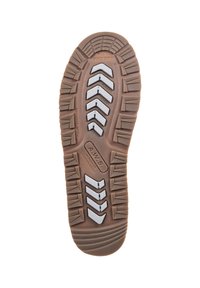 Rubber shoe sole with deep grooves and lugs for traction. Features brown and gray colors, textured pattern, and branding details.