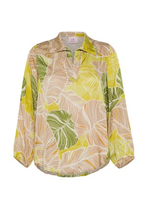 Langærmet, let bluse med grønne, gule og beige bladmønstre. Afslappet pasform med krave og elastiske manchetter.