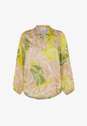 Langärmlige, leichte Bluse mit grünem, gelbem und beigem Blattmuster. Lockere Passform mit Kragen und elastischen Bündchen.