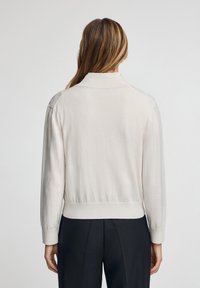 Cremfarbener Pullover mit Kragen, gerippten Bündchen und Saum. Glatte Textur, taillierte Passform, von hinten aufgenommen, kombiniert mit dunklen Hosen.