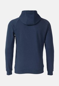 Marineblauwe hoodie met lange mouwen en een capuchon, weergegeven vanuit de achterkant op een effen lichtgrijze achtergrond.