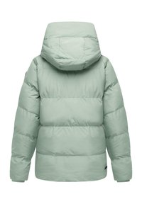 Lys grøn, hættepufferjakke med en firkantet form. Har quiltede sektioner og ribbede manchetter. Glat tekstur, minimalistisk design.